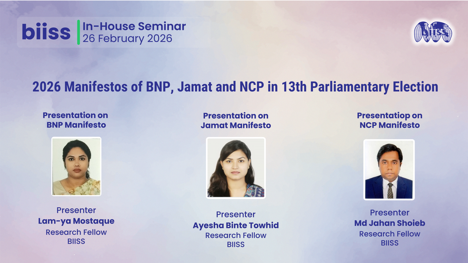 In-house Seminar on 26 February 2026 -  Lam-Ya Mushtaque, Ayesha Binte Towhid & Md Jahaqn Shoieb
